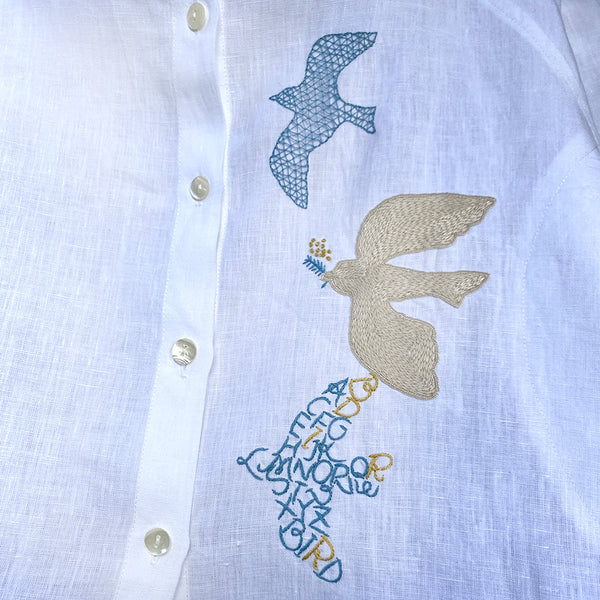 手刺繍リネンブラウス　Birds