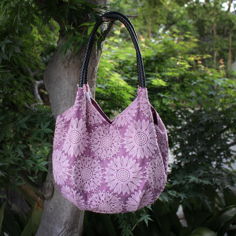 レースモラ刺繍入りダークグレーコットンバッグ ガーベラレースバッグ – Zenma